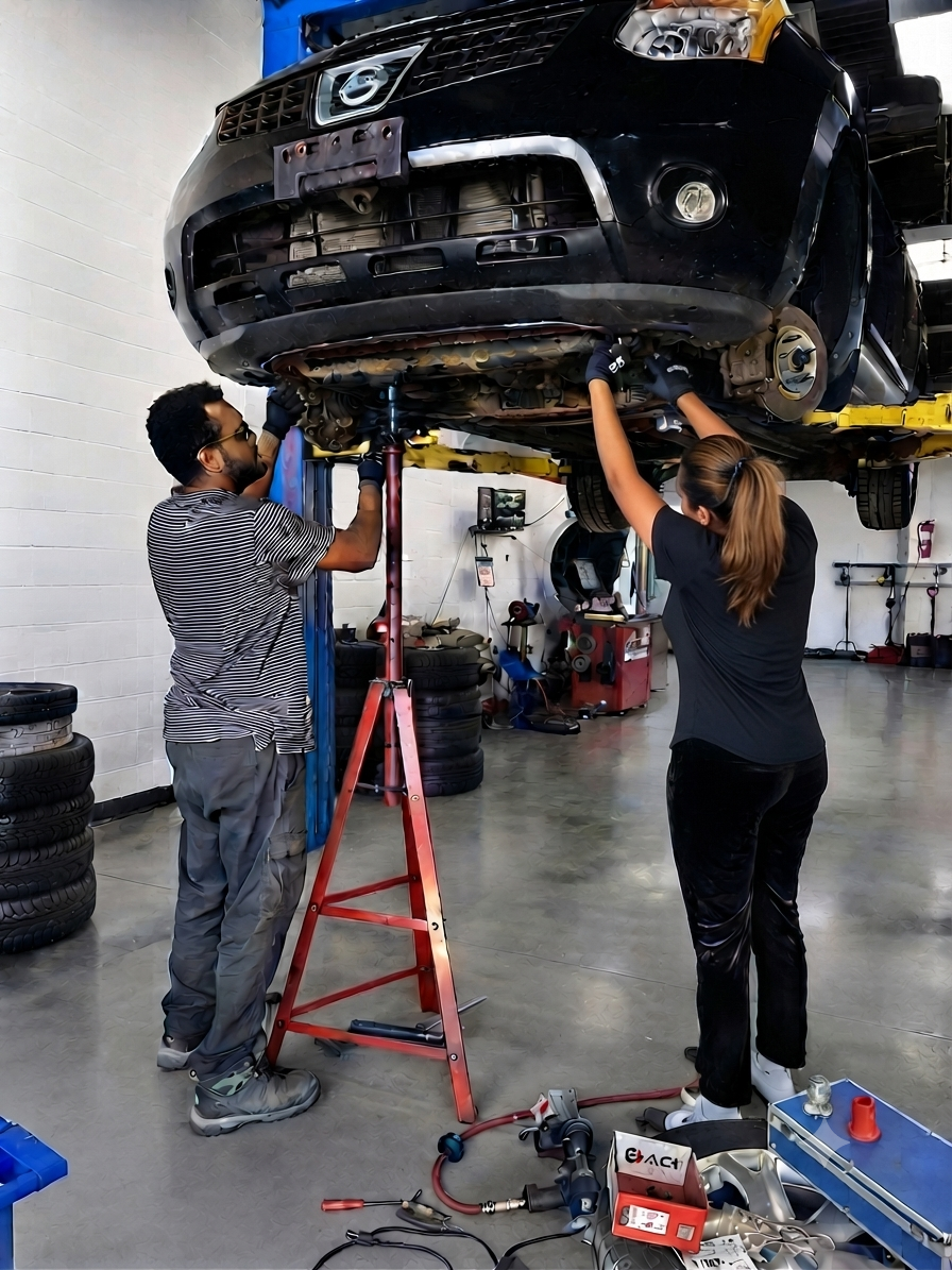 Two mechanics servicing a vehicle on a lift in Kitchener