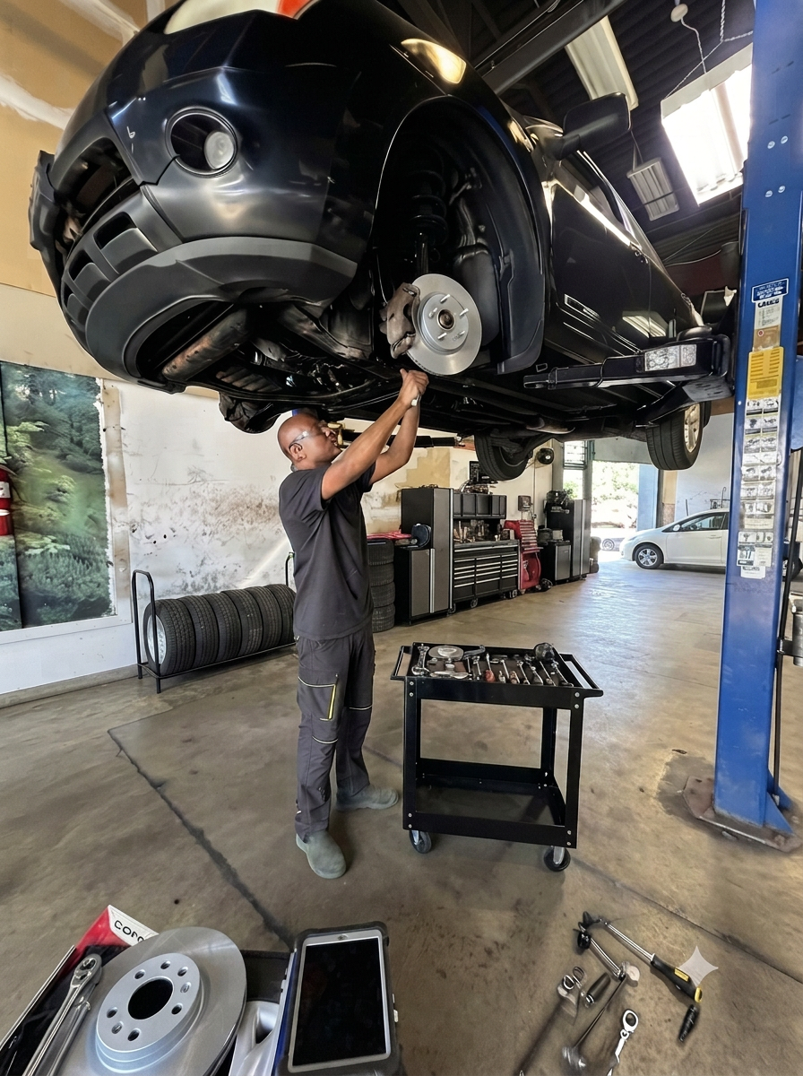 Technician working under a lifted vehicle at Brhane Auto Service
