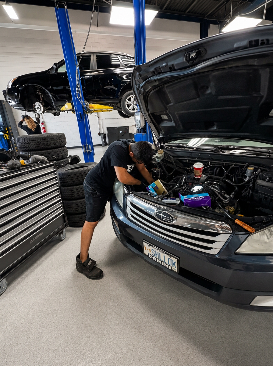 Mechanic diagnosing a Subaru engine in the shop